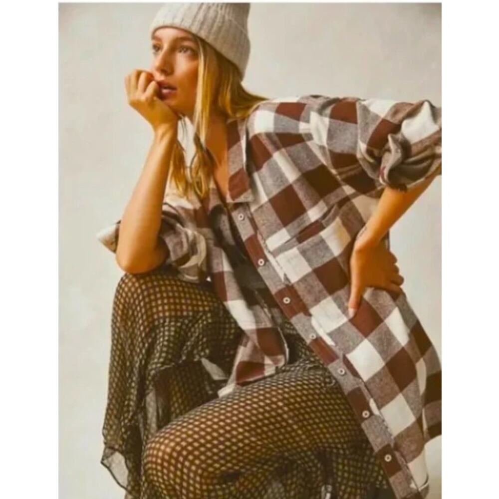 We the Free Plaid Shacket Brown and Cream Large